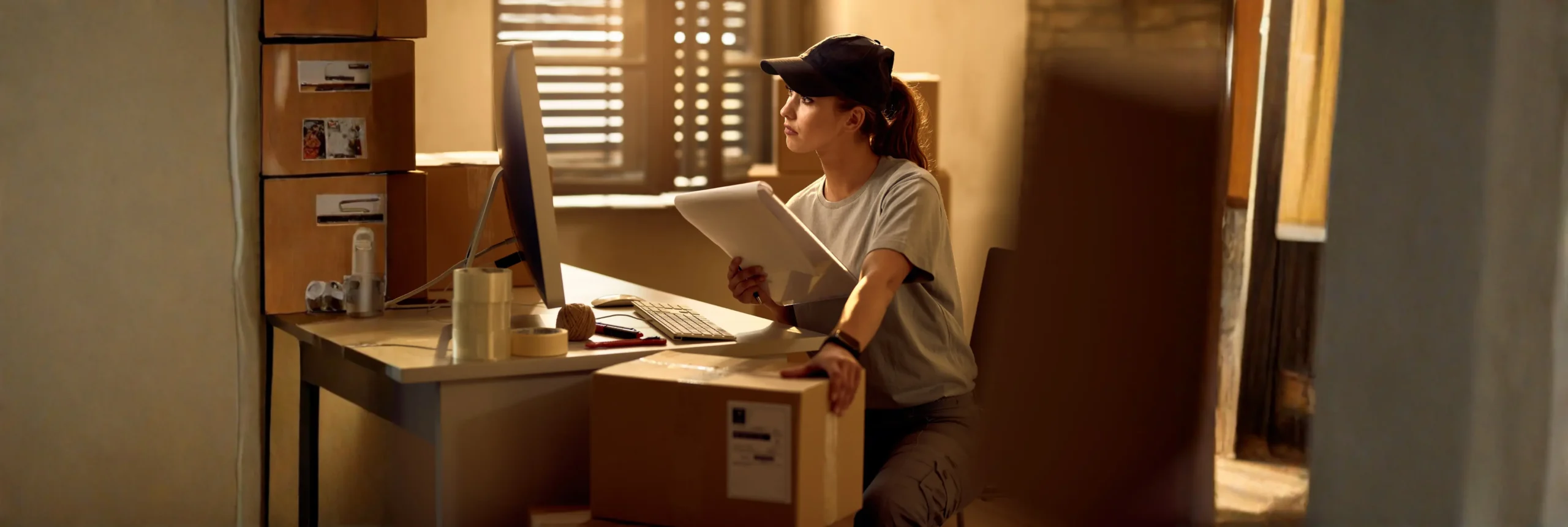 Woman wearing a cap sits at a desk in a storage room, holding a clipboard and looking at a monitor.